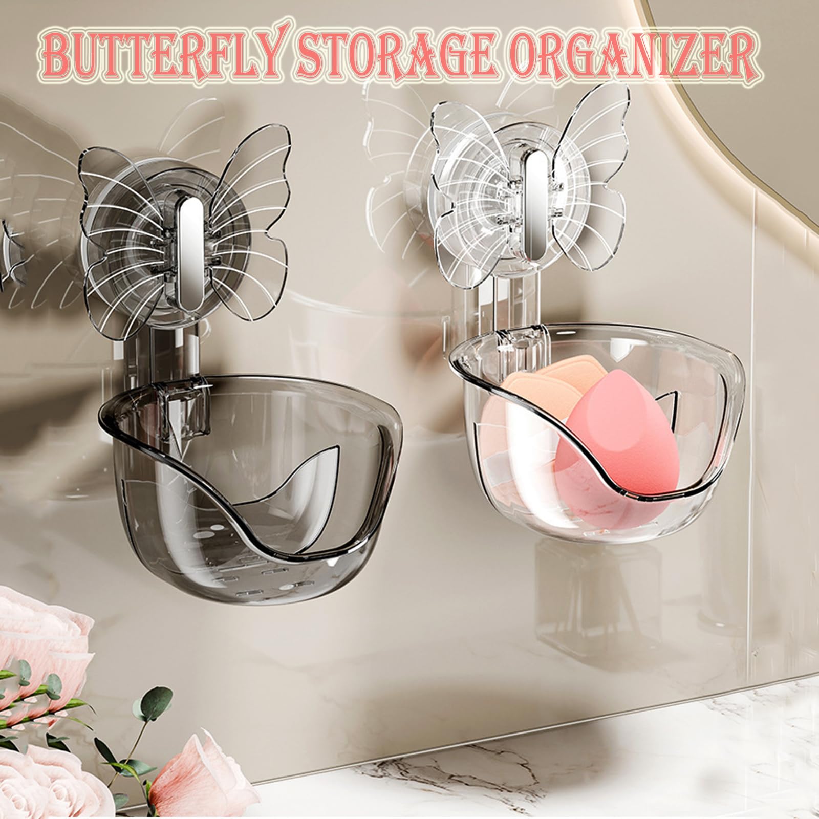 ZIOYCKL Suction Cup Storage Rack, Waterproof Suction Shower Organizer for Dresser, Shower Suction Cup Set Waterproof Suction Storage Basket for Bathroom,Butterfly Organizer Storage Basket (Clear)