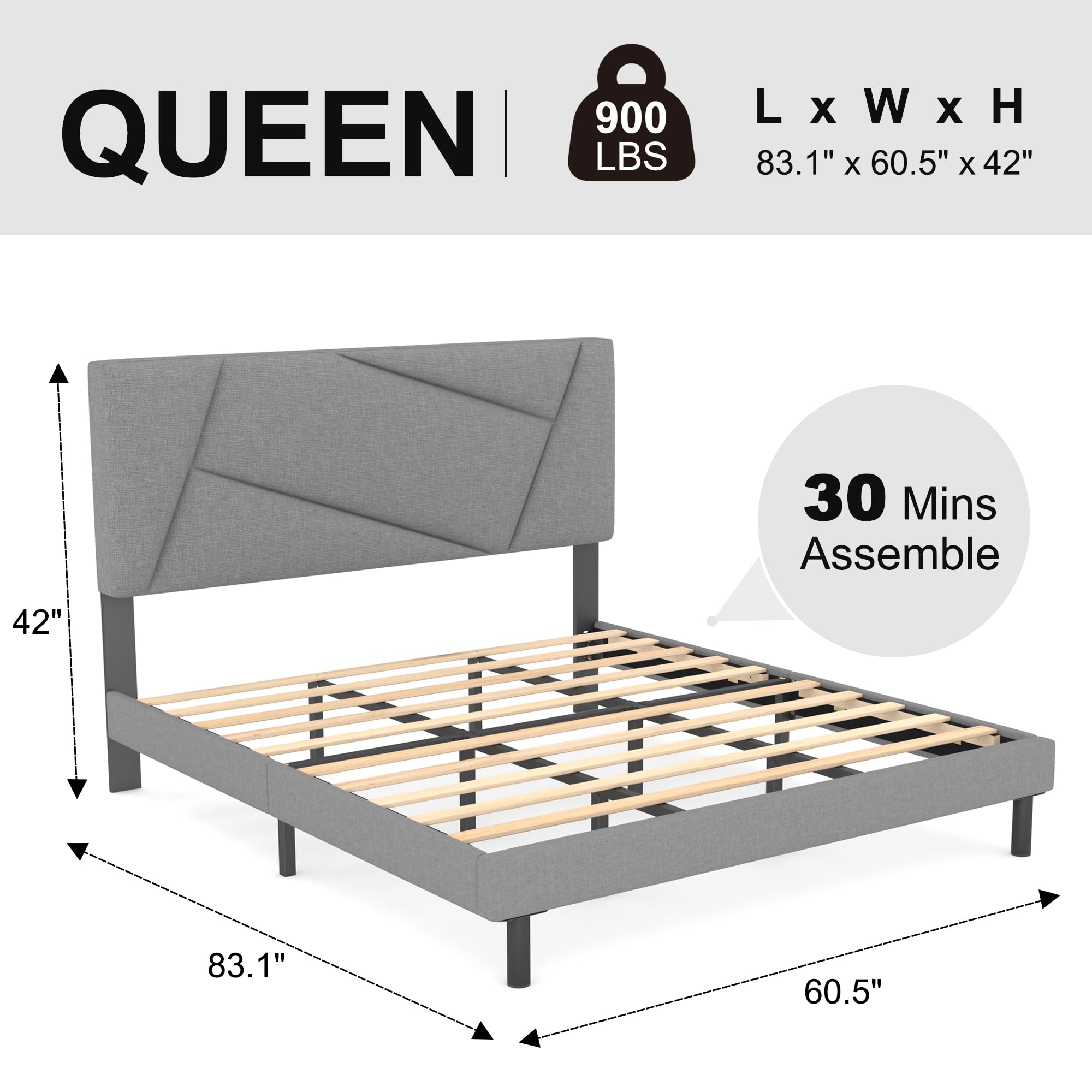 Generic Queen Bed Frame Upholstered Platform with Headboard, Linen Fabric Wrap, Strong Frame and Wooden Slats Support, Easy Assembly No Box Spring Needed,Non-Slip and Noiseless, E Light Grey