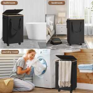 Large Laundry Basket with Wheels,100L Tall Laundry Hamper with Lid and Removable Liner Bag,Collapsible Dirty Clothes Hamper for Bathroom,Bedroom,Dorm & Laundry Room,Black