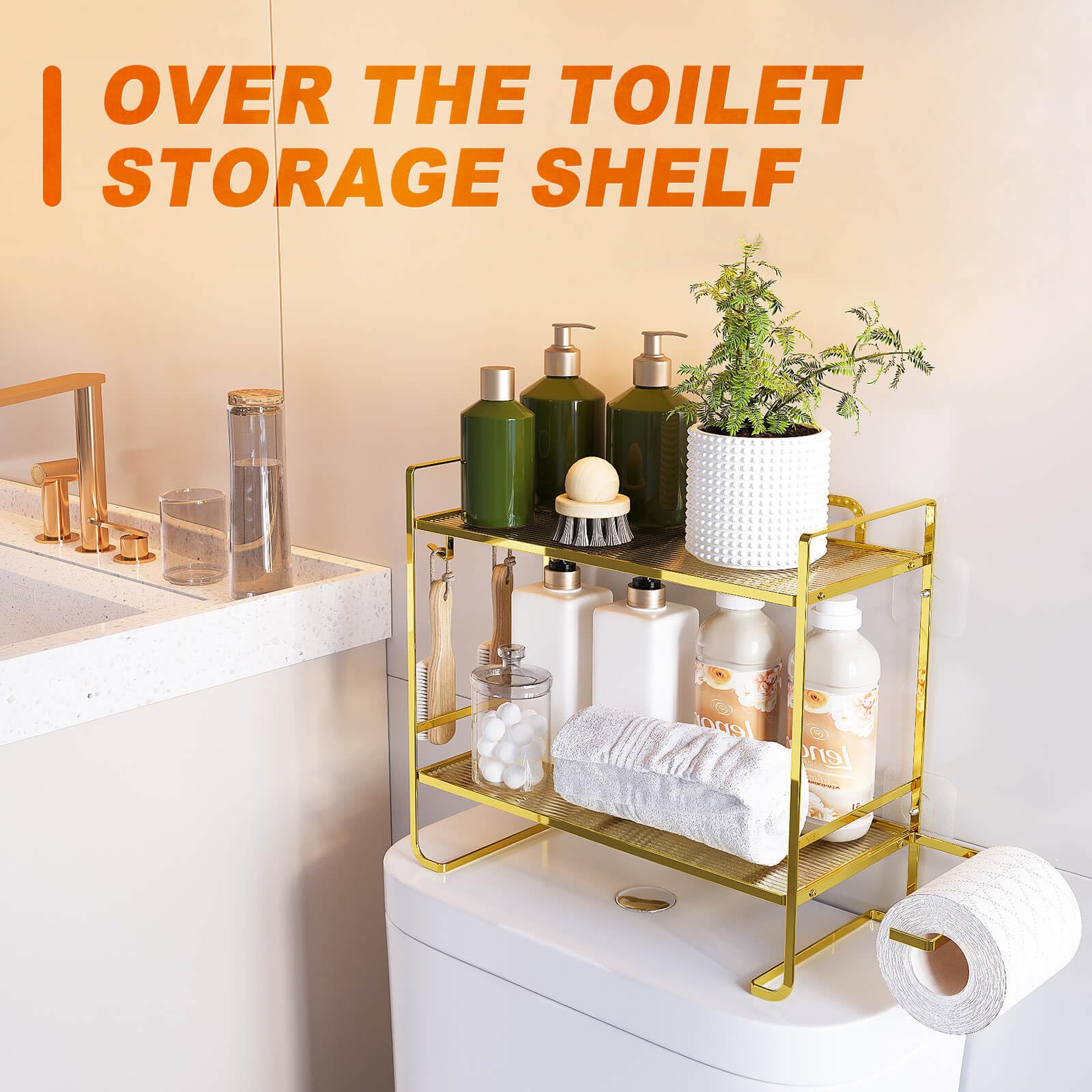 YIWANFW Over The Toilet Storage, Gold Over The Toilet Shelf Bathroom Organizers and Storage, 2-Tier Bathroom Shelves Over Toilet Bathroom Storage, Multi-Purpose Over Toilet Shelf Above Toilet Storage