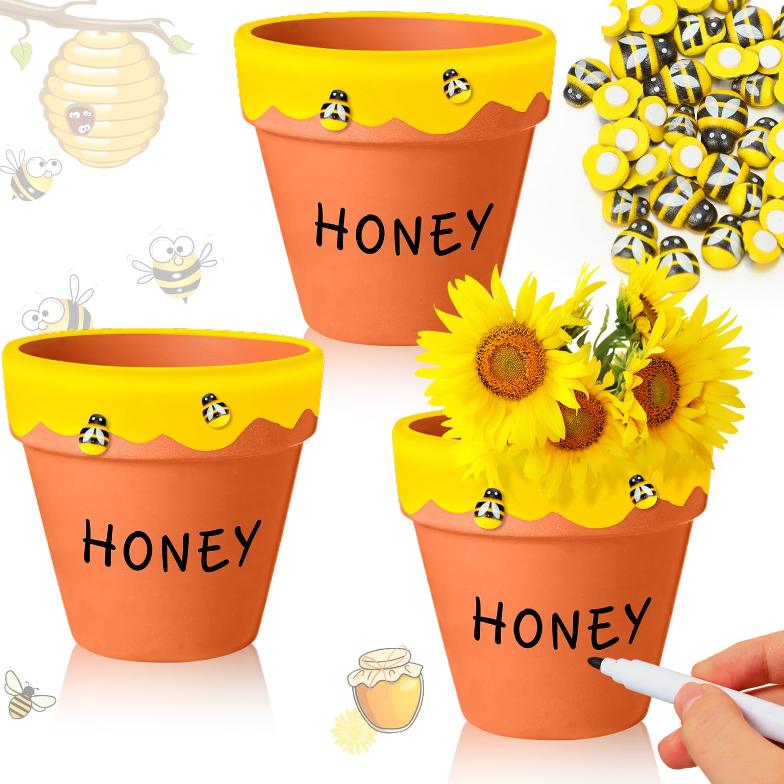 Lineshading 3 Pack 4 Inch Honey Bee Pots Bee Themed Honey Jars Red Clay Pots with Resin Bee Charms for Cute Honey Party Favor Baby Shower Birthday Decoration