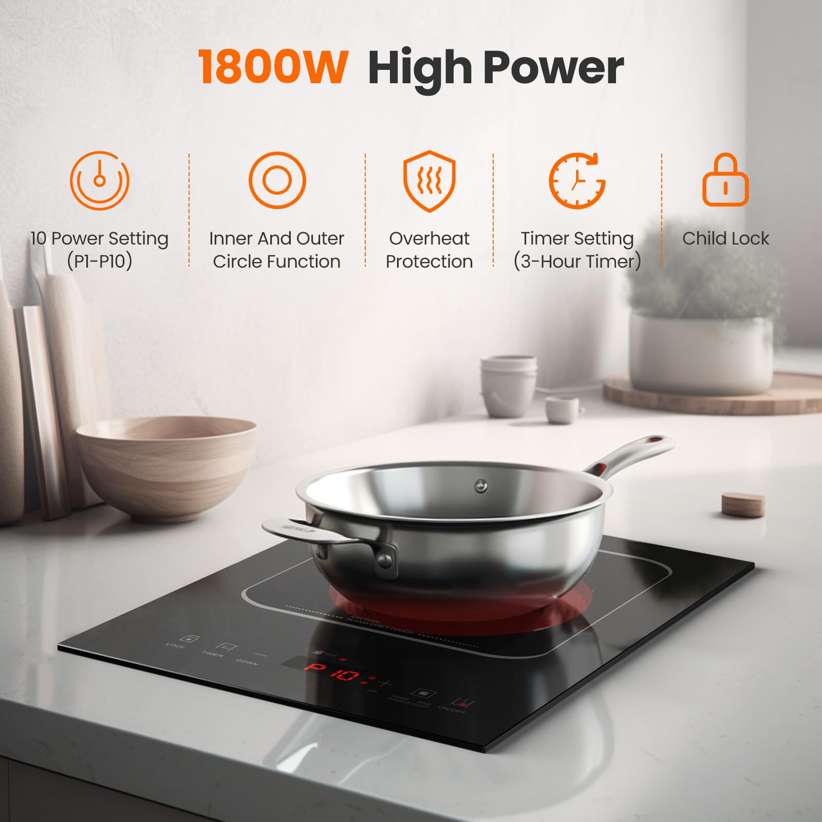 VEXMAECY Portable Countertop Burmer,Built-in Ceramic Cooktop,Electric Hot Plate Single Burner With Double Rings,Touch Electric Stove With Safety Lock,3H Timer,10 Power Levels For Home Cooking 1800W