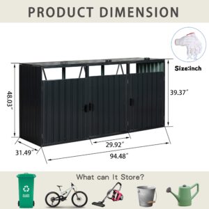 Jintop 94.48" Metal Garbage Bin Shed Stores with Ventilated and Lockable,Patio Furniture 3 Trash Cans Outdoor Sheds w/Rust-Proof & Scratch- Resistant,for Garden Yard Lawn,Black