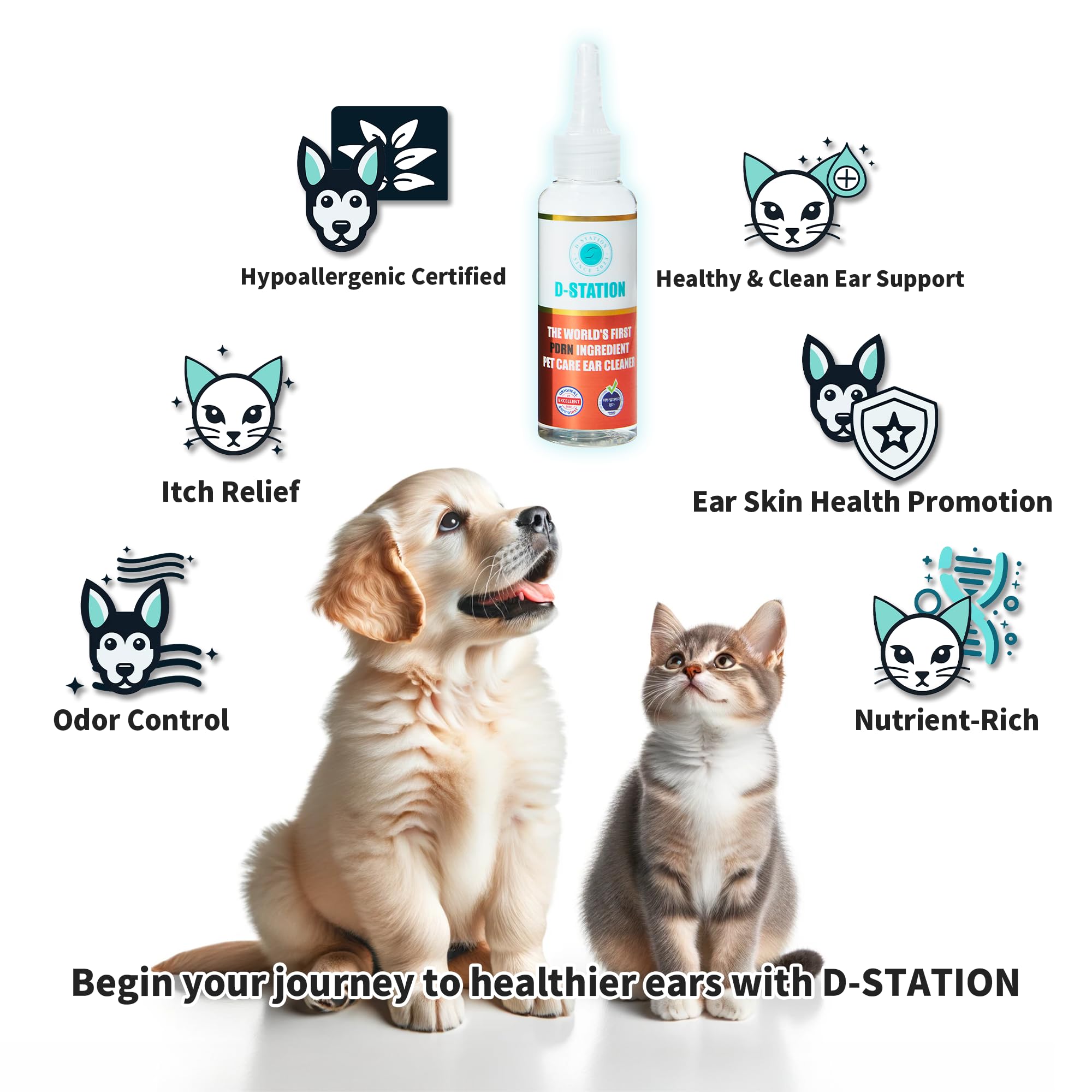 D-STATION PDRN OTIC Ear Cleaner is formulated with Premium PDRN to Soothe itching, Reduce Inflammation, and Keep Ears Clean While Promoting Healthy Ear Skin. Suitable for Dogs & Cats of All Ages. 4oz