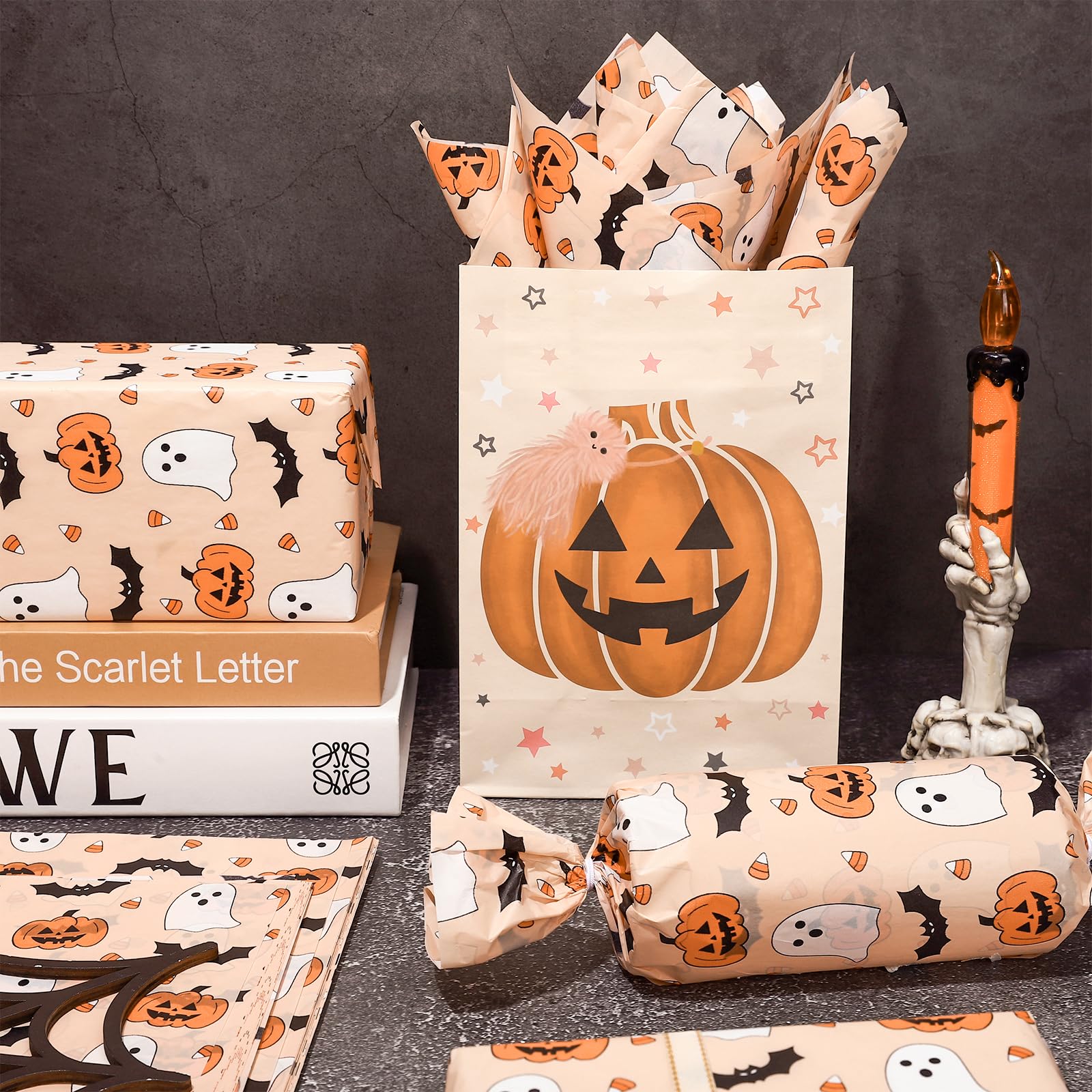 JarThenaAMCS 100 Sheets Halloween Tissue Paper Cute Pumpkin Ghost Bats Gift Wrapping Paper Orange DIY Art Craft Paper for Halloween Birthday Baby Shower Party Supplies, 13.7 x 19.6 Inch