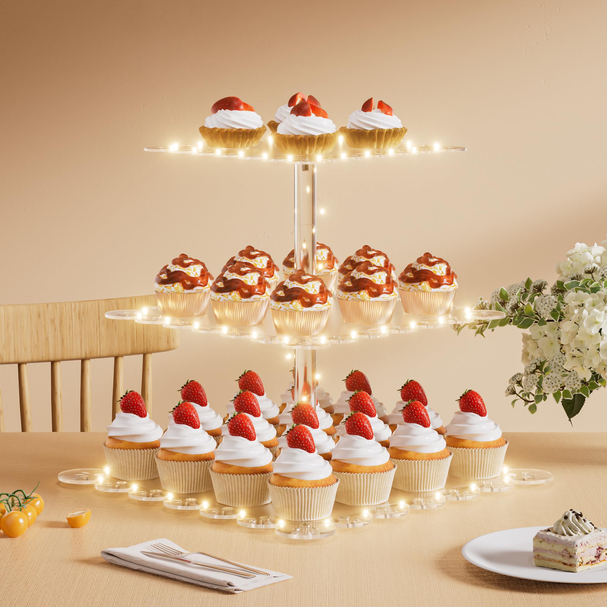 PinCute Acrylic Cupcake Stand, 3 Tier Cupcake Tower Holder with LED String Light, Dessert Table Display Cake Stand for Birthday Candy Bar Weddings Party Décor, Yellow Light