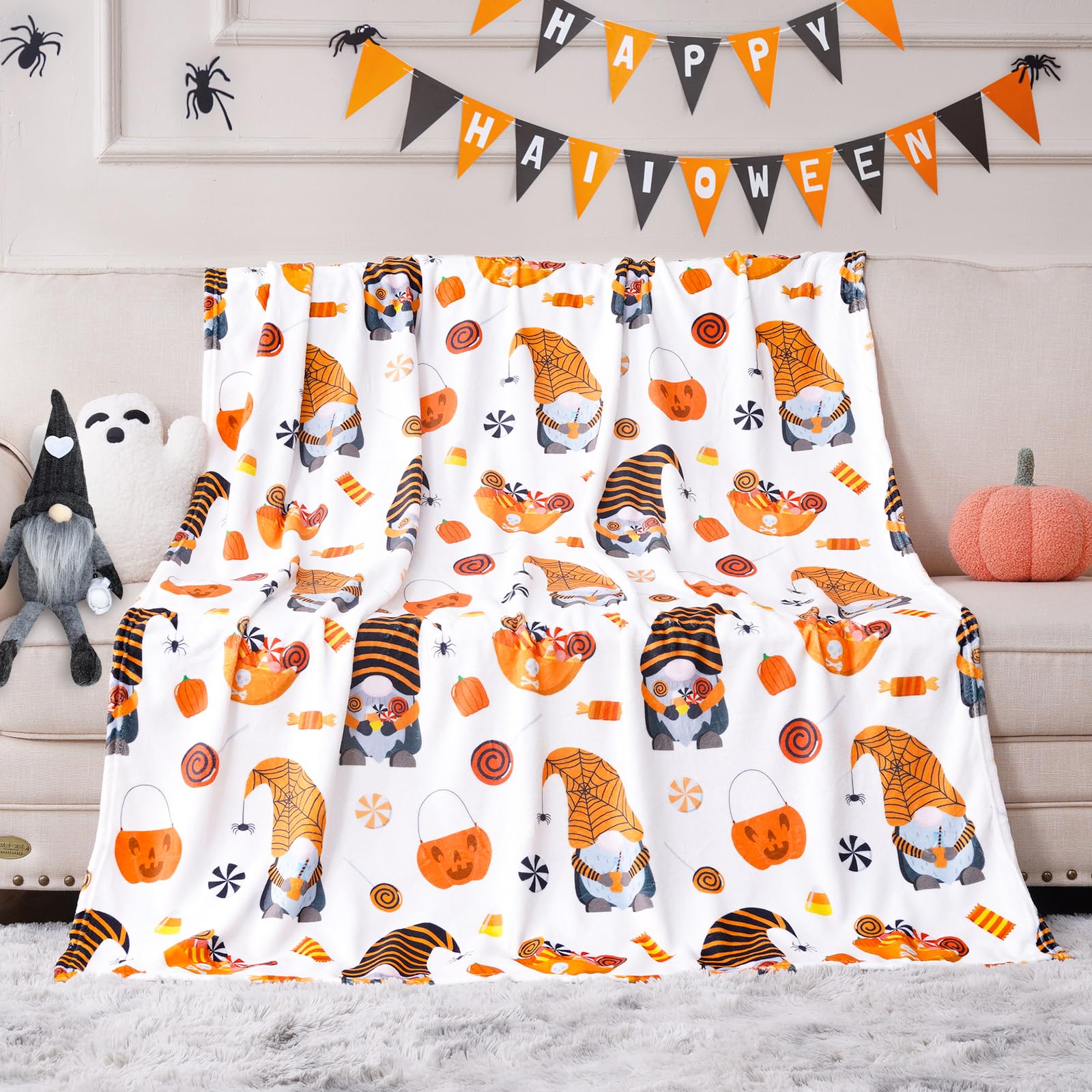 JISEN Halloween Blanket Pumpkin Throw Blanket Cozy Fall Throw Blanket for Women Kids Men Soft Blanket for Couch Living Room Halloween Decor Bed Throw Blanket 50 x 60 Inch Gnomes