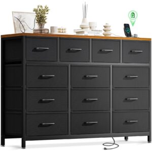 casaottima dresser for bedroom with charging station, 57" long dresser with 13 storage drawers, large fabric dressers chests of drawers with shelves, black and vintage