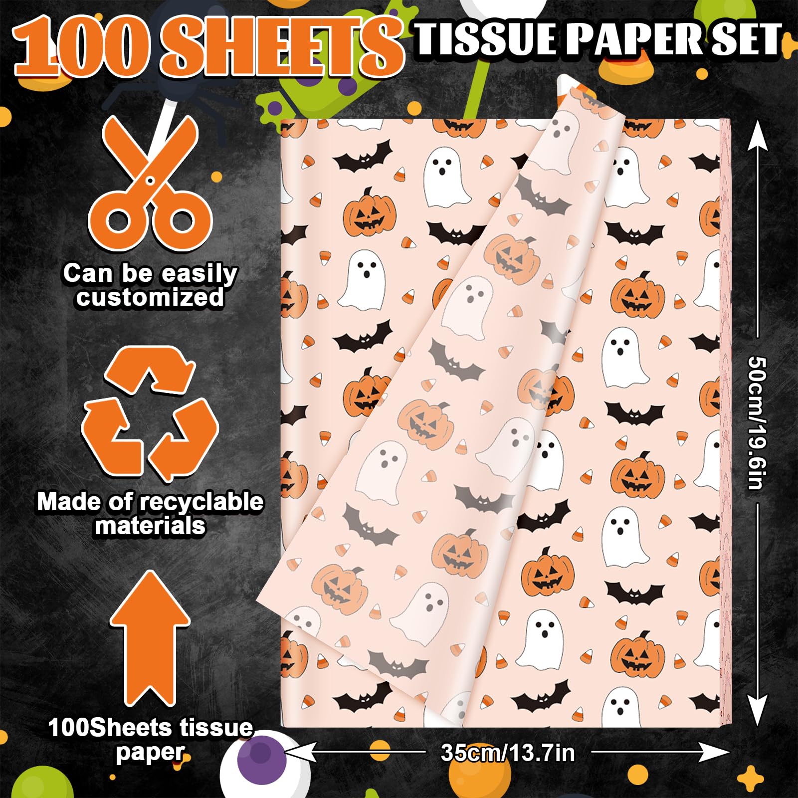 JarThenaAMCS 100 Sheets Halloween Tissue Paper Cute Pumpkin Ghost Bats Gift Wrapping Paper Orange DIY Art Craft Paper for Halloween Birthday Baby Shower Party Supplies, 13.7 x 19.6 Inch