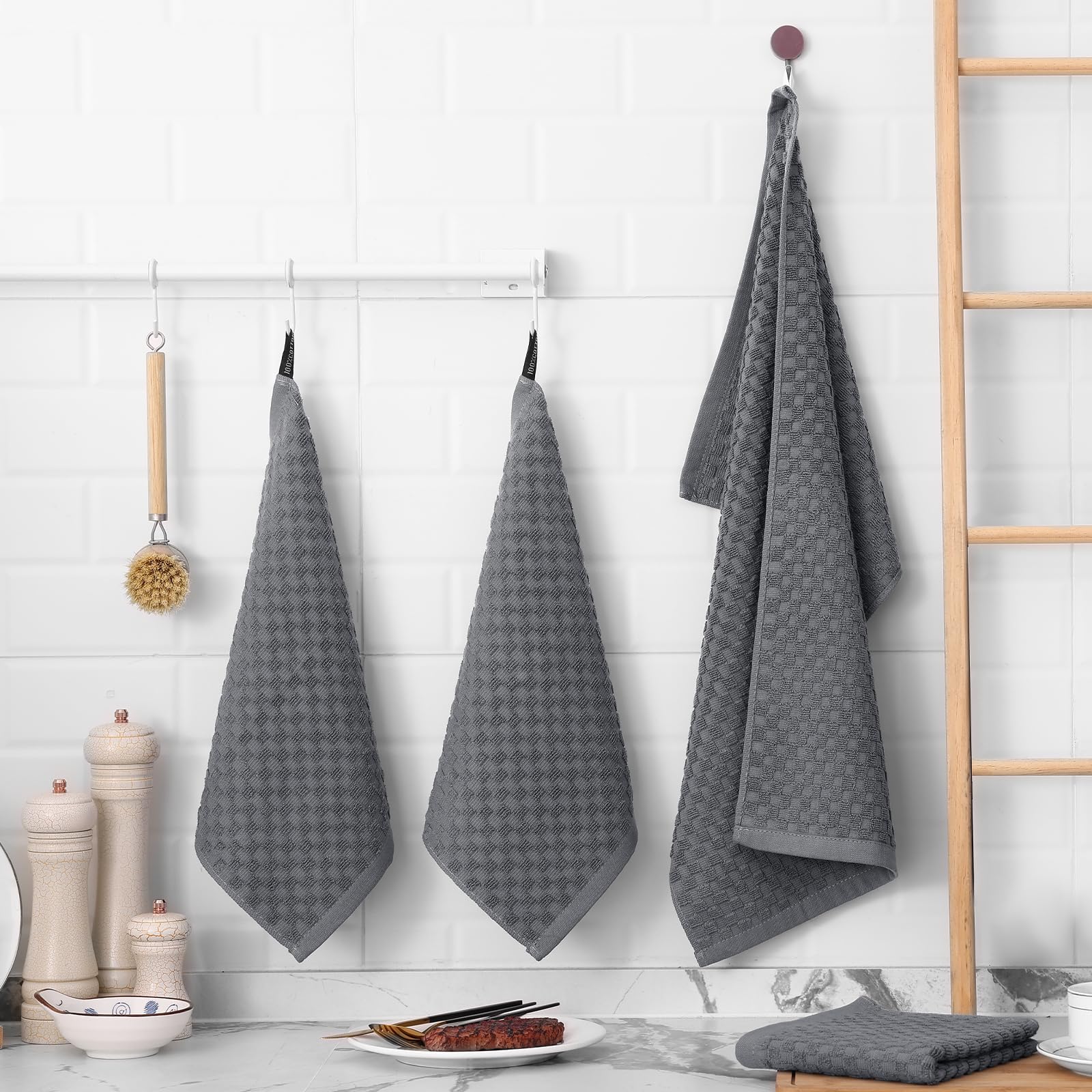 Fintale 100% Cotton Kitchen Towels and Dishcloths Set, 12 x 12 & 15 x 25 Inches, Set of 8 Bulk Super Soft and Absorbent Terry Cloth Dish Towels, Quick Drying Hand Towels with Hanging Loop, Dark Grey