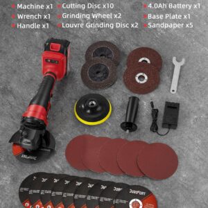 21v Cordless Power Angle Grinder Tool, 9500RPM Brushless 3-Variable-Speed Electric Metal Grinder with 1x4000mAH Battery&Battery Indicator, Cutting Wheels, Flap Disc and Auxiliary Handle for Metal/Wood