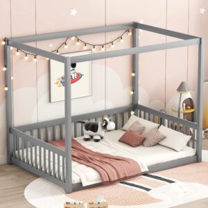 LostCat Full Size Canopy Floor Bed Frame with Fence, Wood Montessori Floor Bed for Teens and Adults, Easy Assembly, No Box Spring Needed,Grey