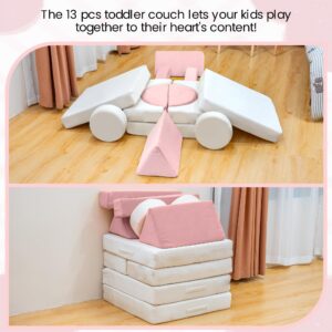 Stmoze 13PCS Modular Kids Play Couch, Kids Couch with Washable Velvet Cover, Modular Couch for Boys and Girls, Convertible Foam and Floor Cushion for Nursery Playroom, Pink & Beige