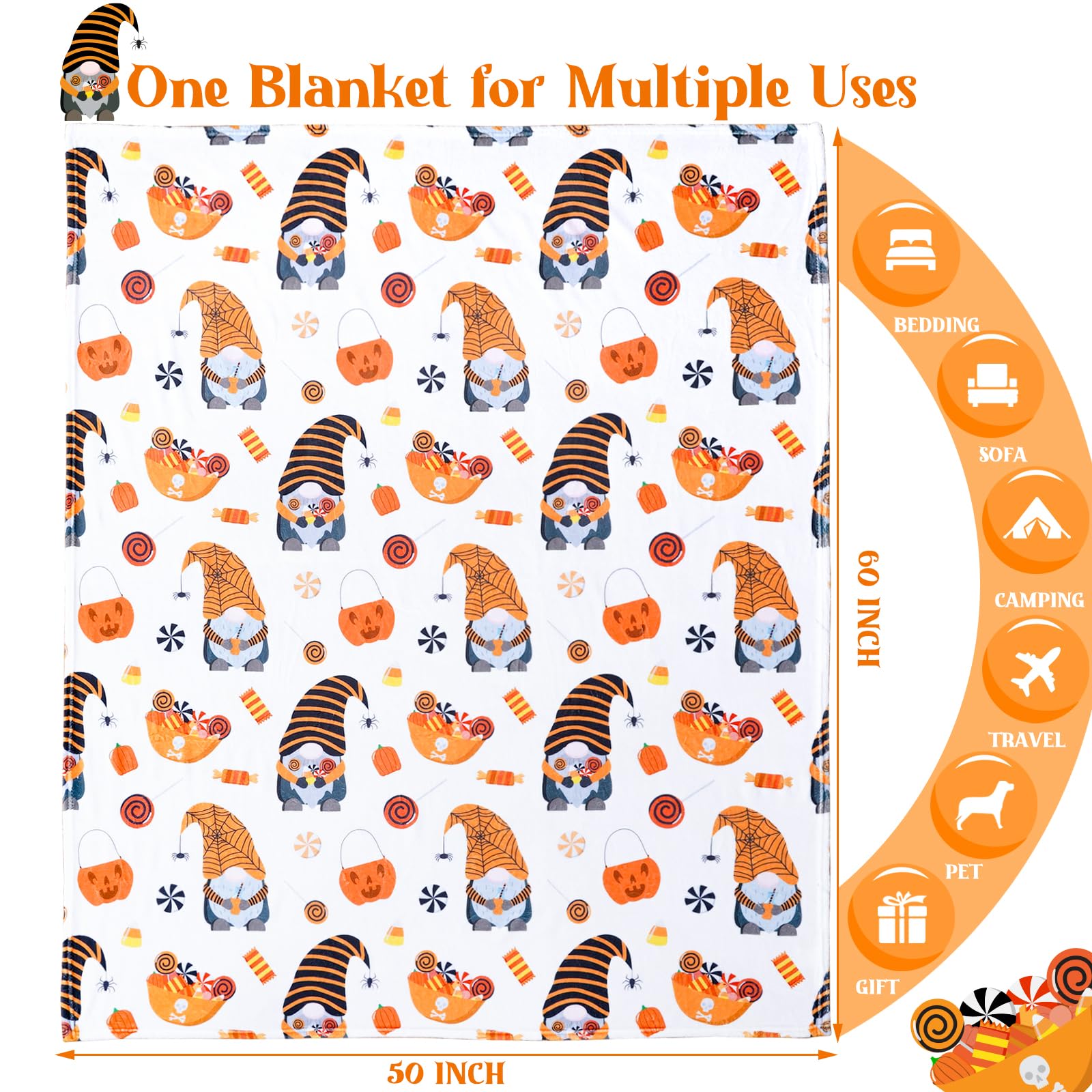 JISEN Halloween Blanket Pumpkin Throw Blanket Cozy Fall Throw Blanket for Women Kids Men Soft Blanket for Couch Living Room Halloween Decor Bed Throw Blanket 50 x 60 Inch Gnomes