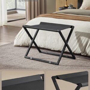 SONGMICS Luggage Rack, Foldable Suitcase Stand, Metal Luggage Holder, Synthetic Leather, Easy to Assemble, for Guest Room, Hotel, Bedroom, Ink Black and Charcoal Gray URLR009B01