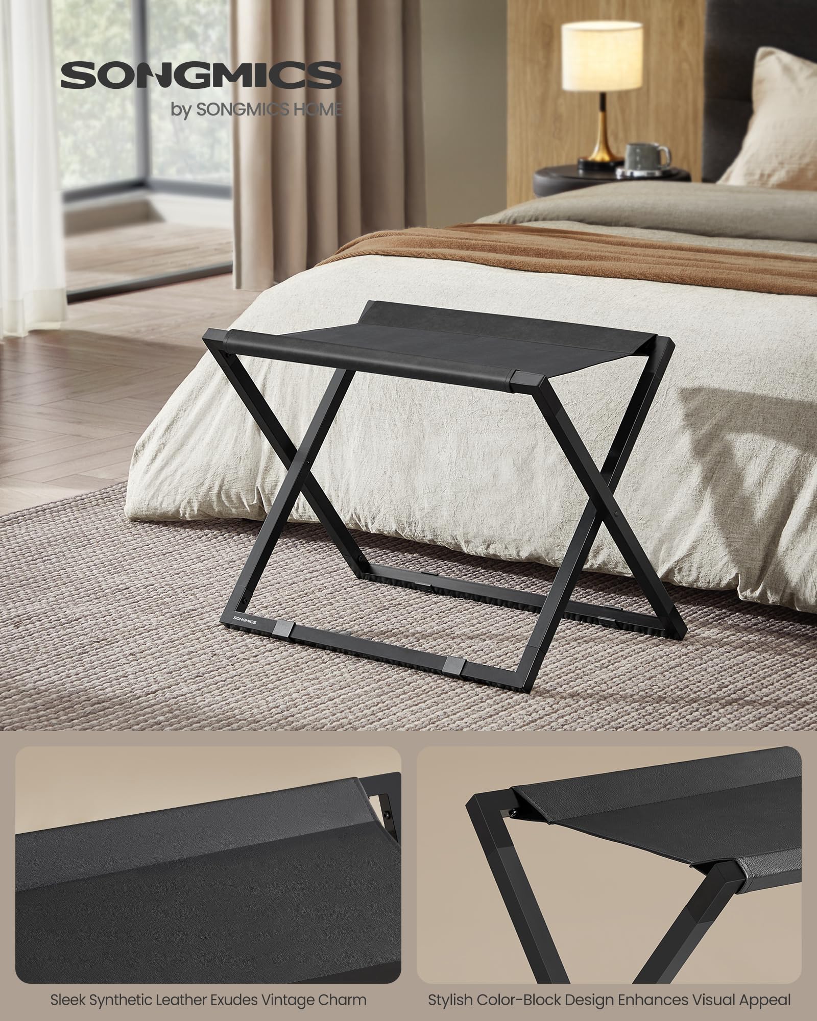 SONGMICS Luggage Rack, Foldable Suitcase Stand, Metal Luggage Holder, Synthetic Leather, Easy to Assemble, for Guest Room, Hotel, Bedroom, Ink Black and Charcoal Gray URLR009B01