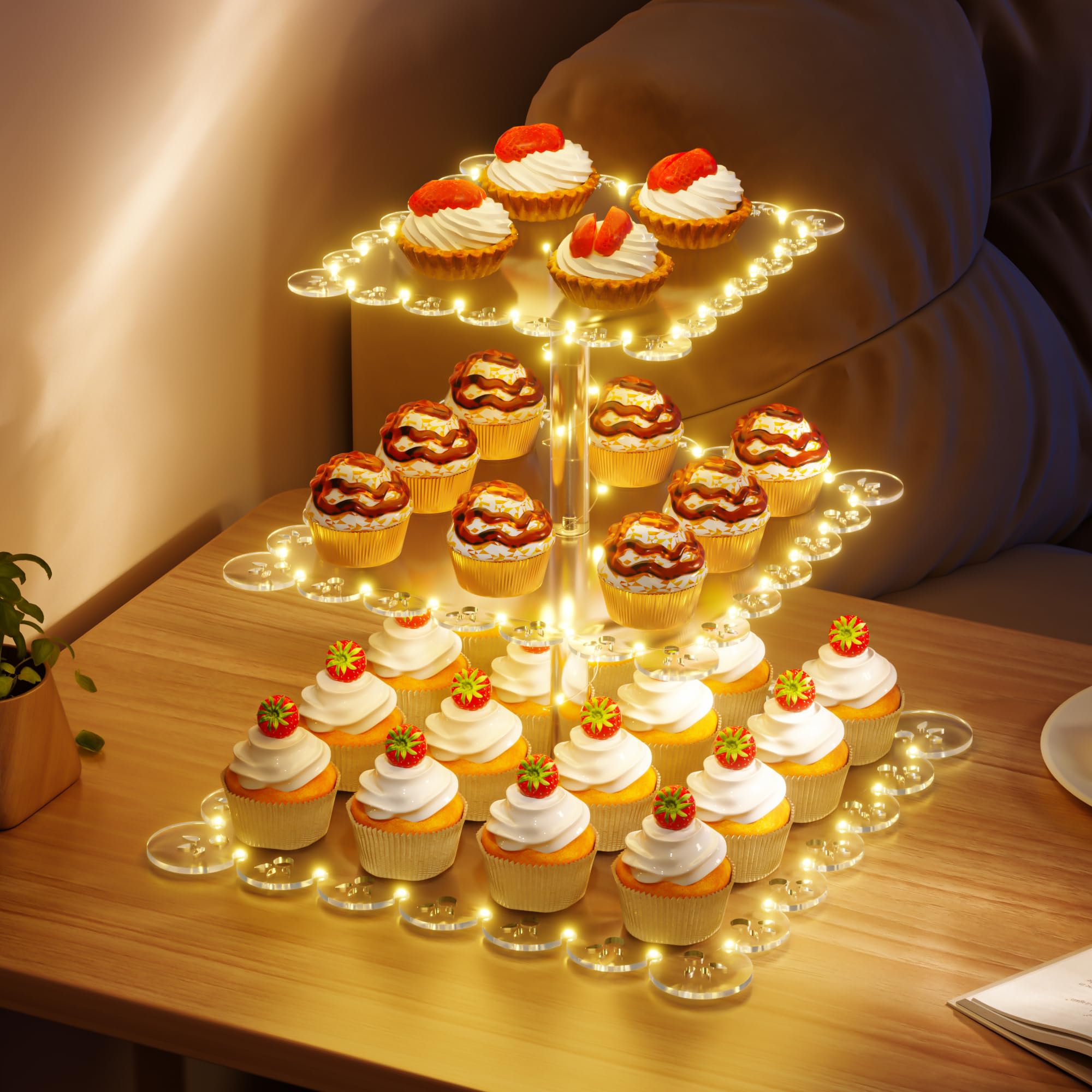 PinCute Acrylic Cupcake Stand, 3 Tier Cupcake Tower Holder with LED String Light, Dessert Table Display Cake Stand for Birthday Candy Bar Weddings Party Décor, Yellow Light