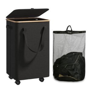 large laundry basket with wheels,100l tall laundry hamper with lid and removable liner bag,collapsible dirty clothes hamper for bathroom,bedroom,dorm & laundry room,black