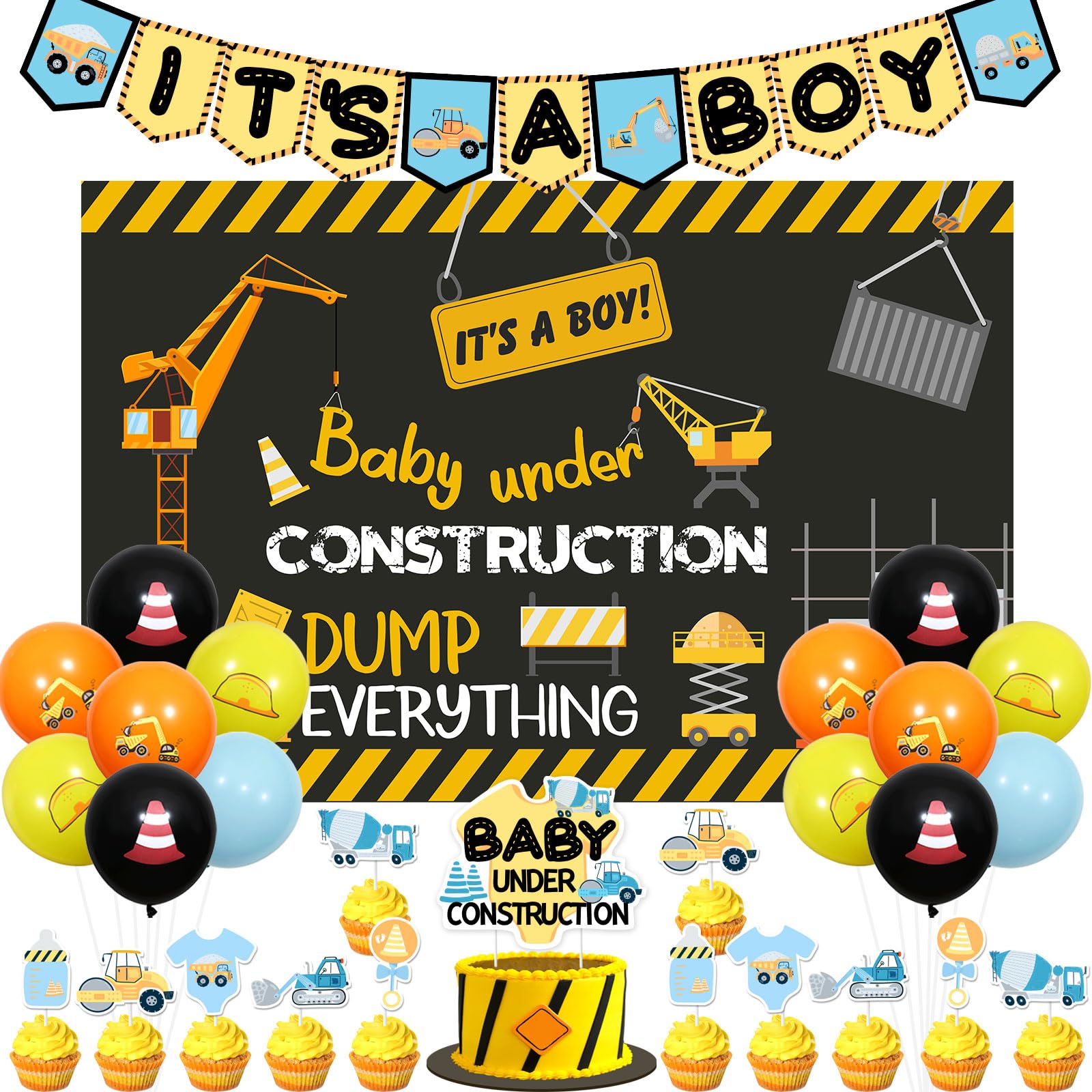 Balterever Construction Baby Shower Decorations for Boys With Construction It’s a Boy Banner Dump Truck Cake Cupcake Toppers Construction Baby Shower Backdrop for Under Construction Theme Party