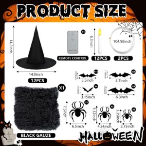 Halloween Hanging Witch Hats with Taper Floating Candles Set Includes 12 Witch Hats 12 Floating Candles with Remote 36 3D Spider Bat Stickers 1 Black Creepy Cloth Halloween Decorations Yard Decor