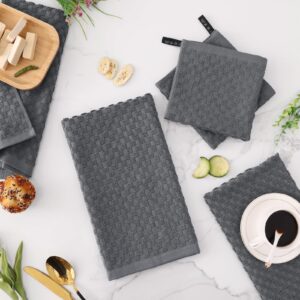 Fintale 100% Cotton Kitchen Towels and Dishcloths Set, 12 x 12 & 15 x 25 Inches, Set of 8 Bulk Super Soft and Absorbent Terry Cloth Dish Towels, Quick Drying Hand Towels with Hanging Loop, Dark Grey