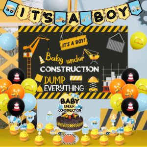 Balterever Construction Baby Shower Decorations for Boys With Construction It’s a Boy Banner Dump Truck Cake Cupcake Toppers Construction Baby Shower Backdrop for Under Construction Theme Party