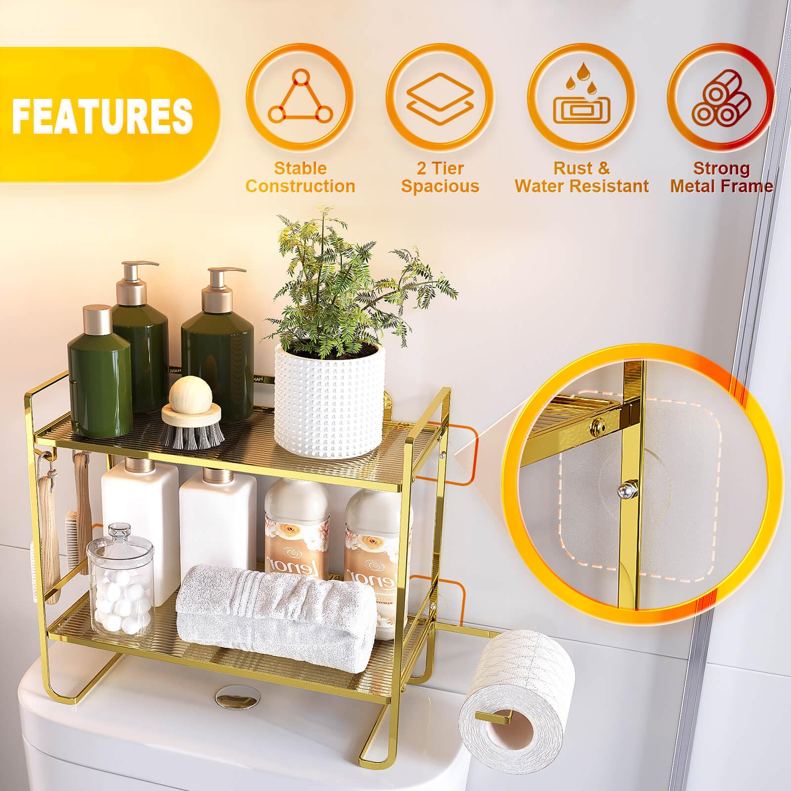 YIWANFW Over The Toilet Storage, Gold Over The Toilet Shelf Bathroom Organizers and Storage, 2-Tier Bathroom Shelves Over Toilet Bathroom Storage, Multi-Purpose Over Toilet Shelf Above Toilet Storage