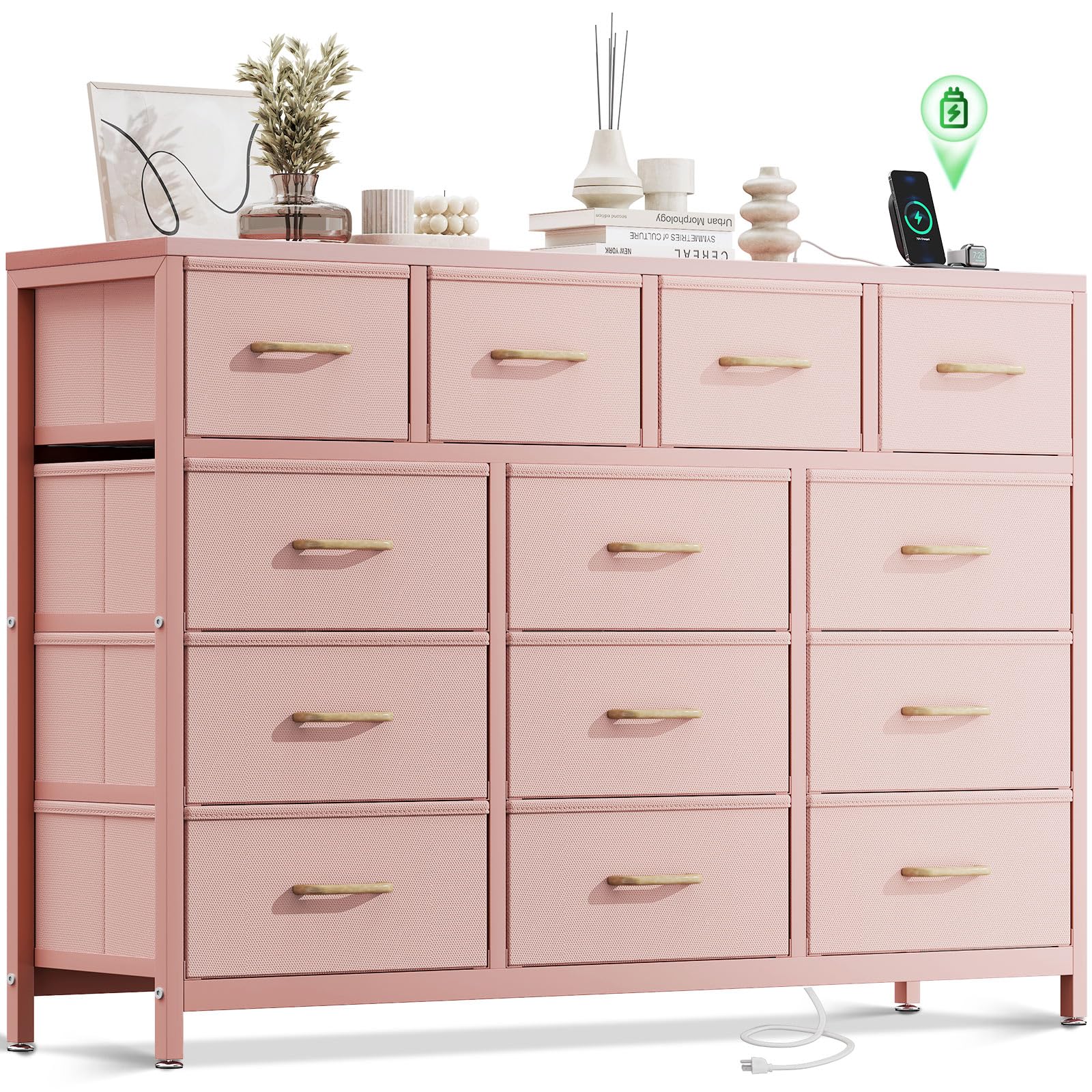 Casaottima Dresser for Bedroom with Charging Station, 57" Long Dresser with 13 Storage Drawers, Large Fabric Dressers Chests of Drawers with Shelves, Pink