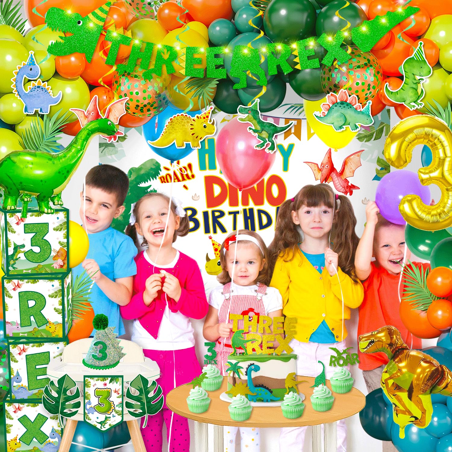 cocomigo 147pcs Three Rex Birthday Decorations Boy, Dinosaur Birthday Decorations 3 Year Old Boy Include Three Rex Balloons Banner Backdrop Etc, for 3 Rex Birthday Decorations Boys and Grils