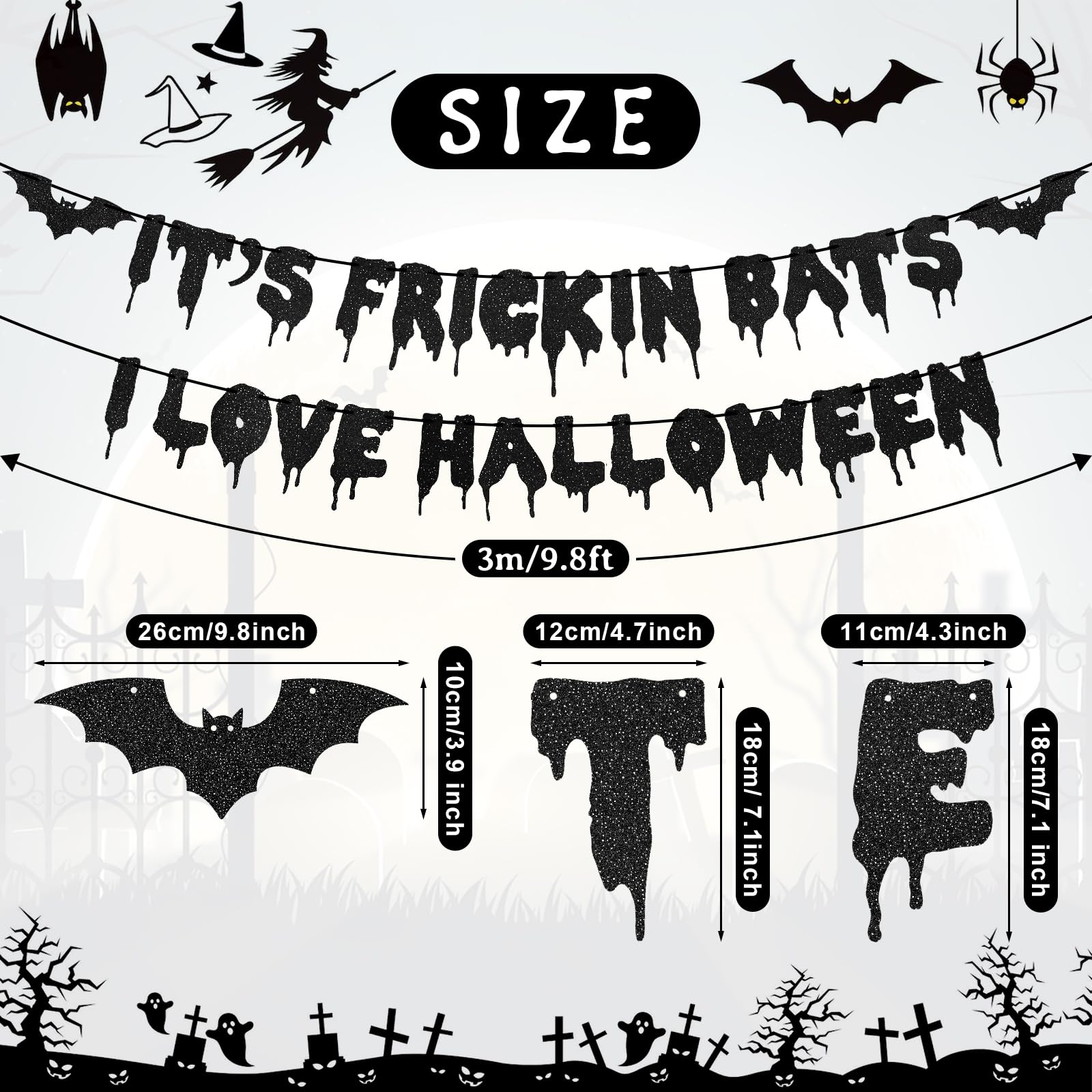 Black Glitter It's Frickin Bats I Love Halloween Banner - Hanging Paper Garland Bunting Banner Bloody Bat-Themed Decorations, Photo Backdrop for Wall Home Mantle Office Wall Spooky Party Supplies