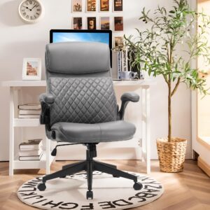 Executive Office Chair, Mid Back Computer Desk Chair with Padded Flip-up Arms, Adjustable Height, Backrest and Rock, Ergonomic Leather Chair Swivel Rolling Chair for Home Office Conference Room-Grey