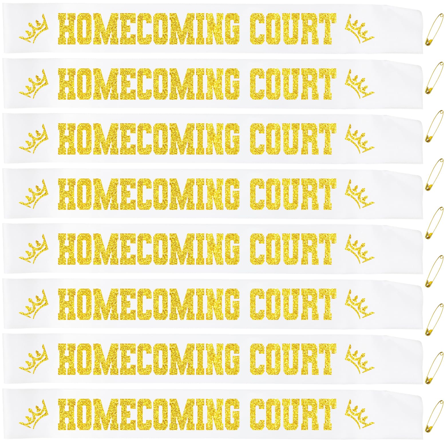 8 Pcs Homecoming Court Sashes with Gold Glitter, White Homecoming Party Prom Sash for Pageants Homecoming Party School Dance Graduation Party Decorations Accessories (White + Gold)