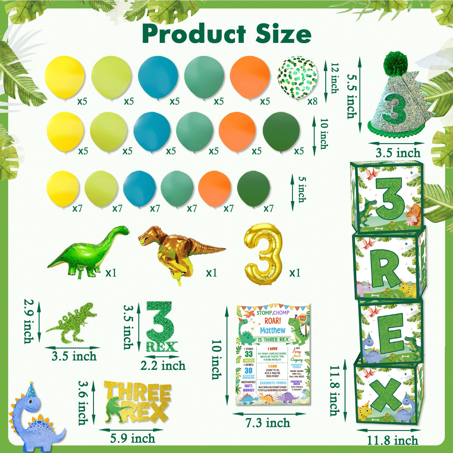 cocomigo 147pcs Three Rex Birthday Decorations Boy, Dinosaur Birthday Decorations 3 Year Old Boy Include Three Rex Balloons Banner Backdrop Etc, for 3 Rex Birthday Decorations Boys and Grils