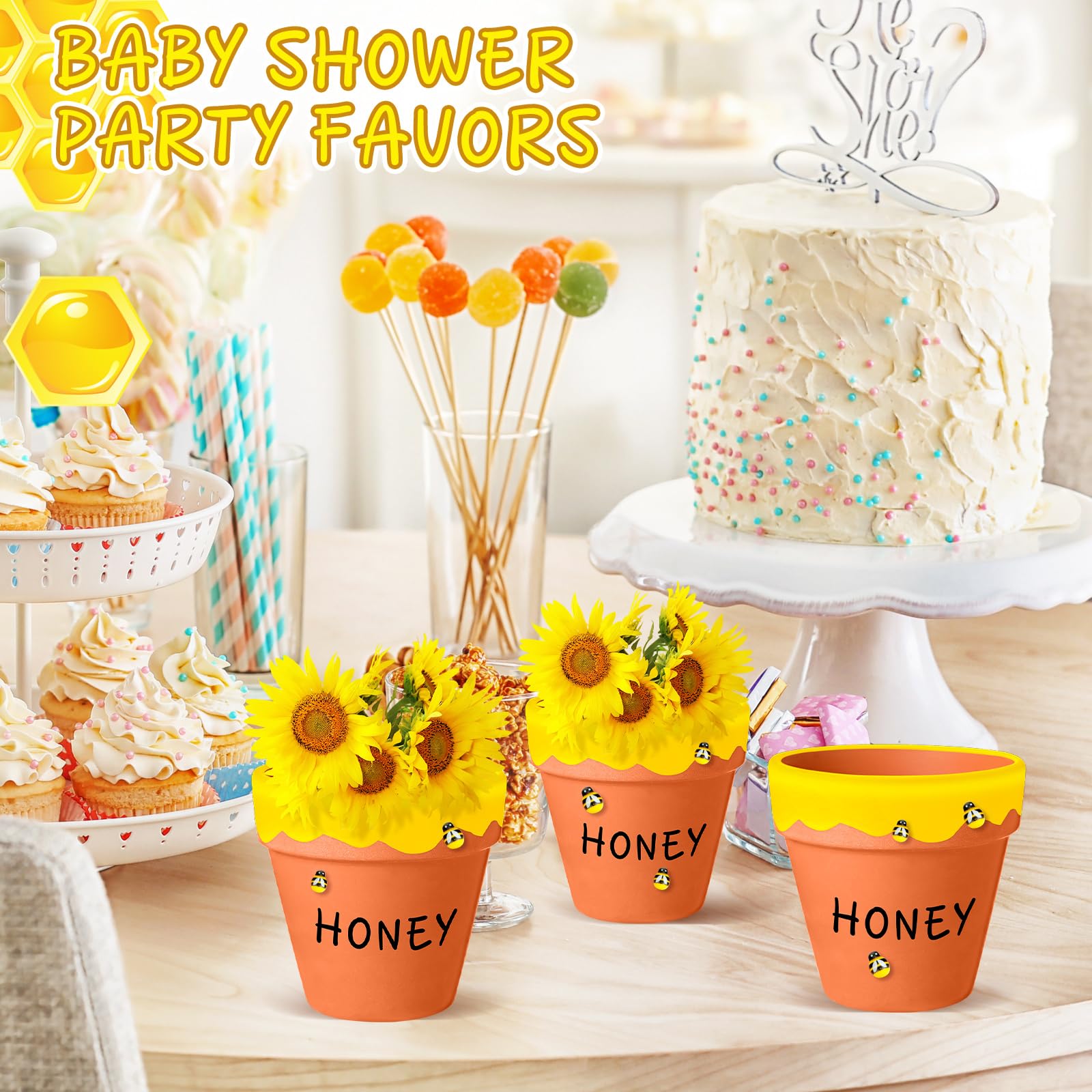 Lineshading 3 Pack 4 Inch Honey Bee Pots Bee Themed Honey Jars Red Clay Pots with Resin Bee Charms for Cute Honey Party Favor Baby Shower Birthday Decoration