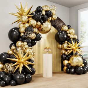 rubfac 140pcs black and gold balloons, balloons arch kit 5 10 12 18 inch black metallic gold confetti latex balloons for graduation birthday baby shower wedding anniversary party decorations