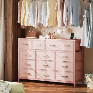 Casaottima Dresser for Bedroom with Charging Station, 57" Long Dresser with 13 Storage Drawers, Large Fabric Dressers Chests of Drawers with Shelves, Pink