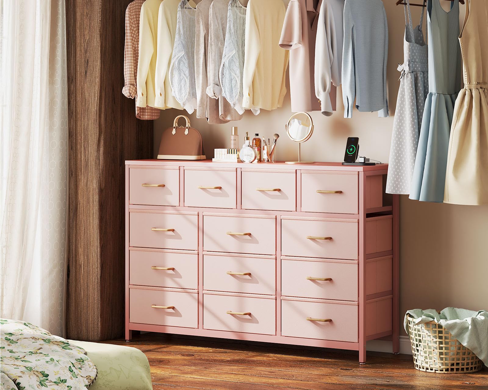 Casaottima Dresser for Bedroom with Charging Station, 57" Long Dresser with 13 Storage Drawers, Large Fabric Dressers Chests of Drawers with Shelves, Pink