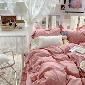 Magic bedding 3 Pcs Ruffled Cotton Duvet Cover in Pink Color, Bedding Set Ruffle Queen Duvet Cover King Bedding Set Comforter Cover Pink Twin Full Duvet Cover Set (Queen 90X90)