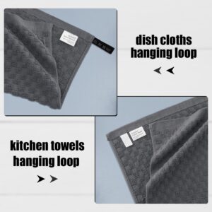 Fintale 100% Cotton Kitchen Towels and Dishcloths Set, 12 x 12 & 15 x 25 Inches, Set of 8 Bulk Super Soft and Absorbent Terry Cloth Dish Towels, Quick Drying Hand Towels with Hanging Loop, Dark Grey