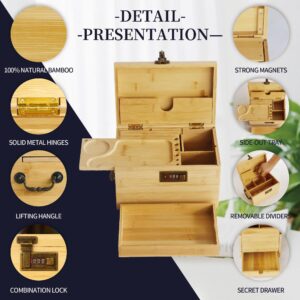 Premium Large Bamboo Box with Combination Lock & Hidden Drawer, Secret Storage Stash Box,Upgraded with Handle, 5 Smell Proof Bags, 3 Glass Jars, 3 Tube, Brush, Grinder Card, Cone Funnel Rolling Kit