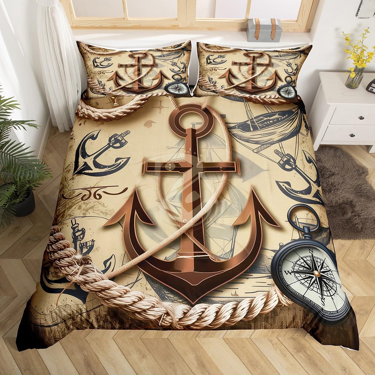 Erosebridal Anchor Bedding Set Queen Retro Nautical Comforter Cover Ocean Adventure Duvet Cover for Kids Adults Compass Sailboat Quilt Cover Brown Bedroom Decor Zipper