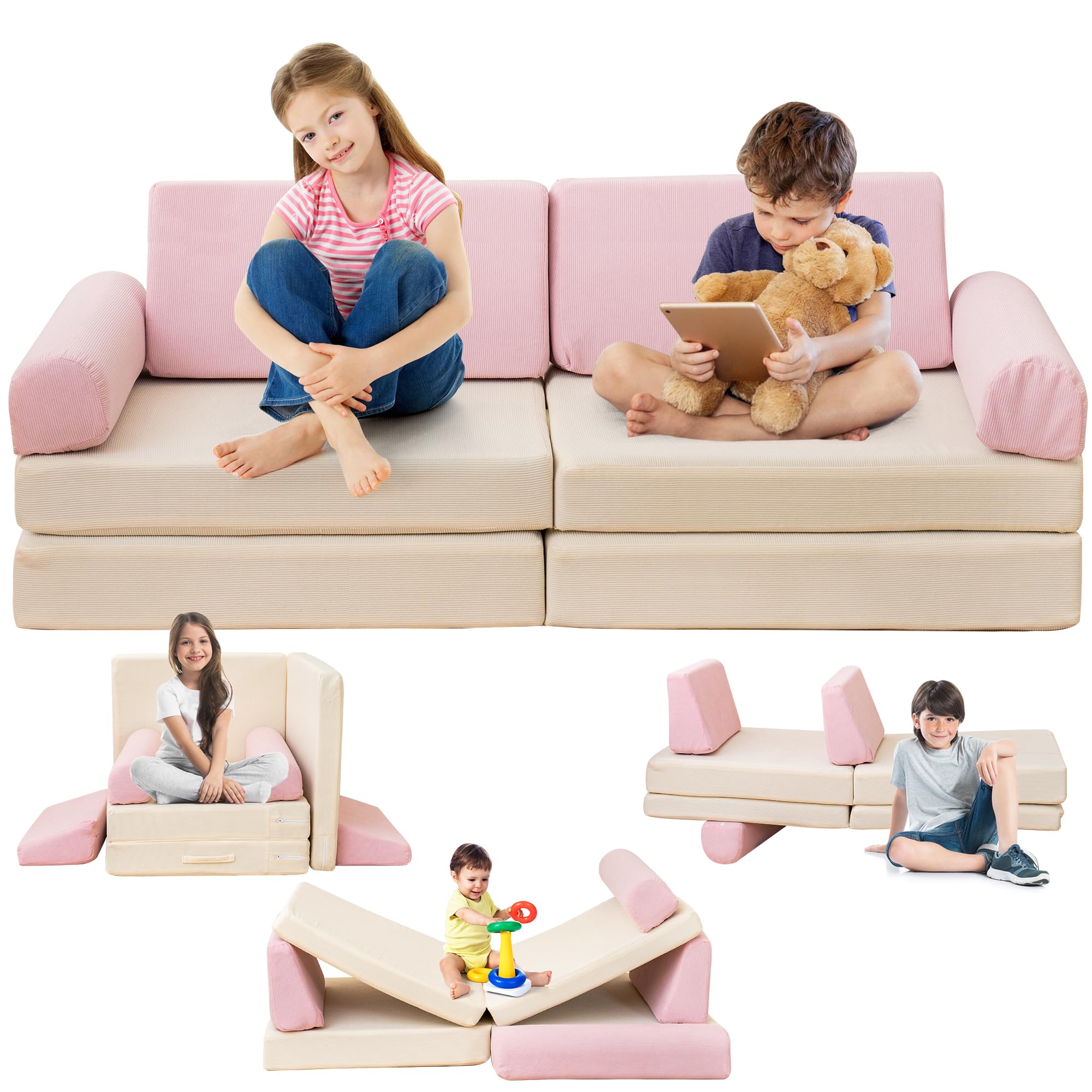 Stmoze Nugget Couch, Modular Kids Play Couch, Kids Couch for Playroom, Kids Sofa Couch, 5 Seconds Instant Expansion, Corduroy Fabric, Pink and Beige