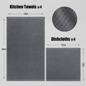 Fintale 100% Cotton Kitchen Towels and Dishcloths Set, 12 x 12 & 15 x 25 Inches, Set of 8 Bulk Super Soft and Absorbent Terry Cloth Dish Towels, Quick Drying Hand Towels with Hanging Loop, Dark Grey