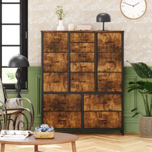 Patikuin Dresser for Bedroom with 15 Drawers, Tall Dresser & Chests of Drawers, Fabric Storage Dresser for Closet, Hallway, Living Room, Rustic Brown