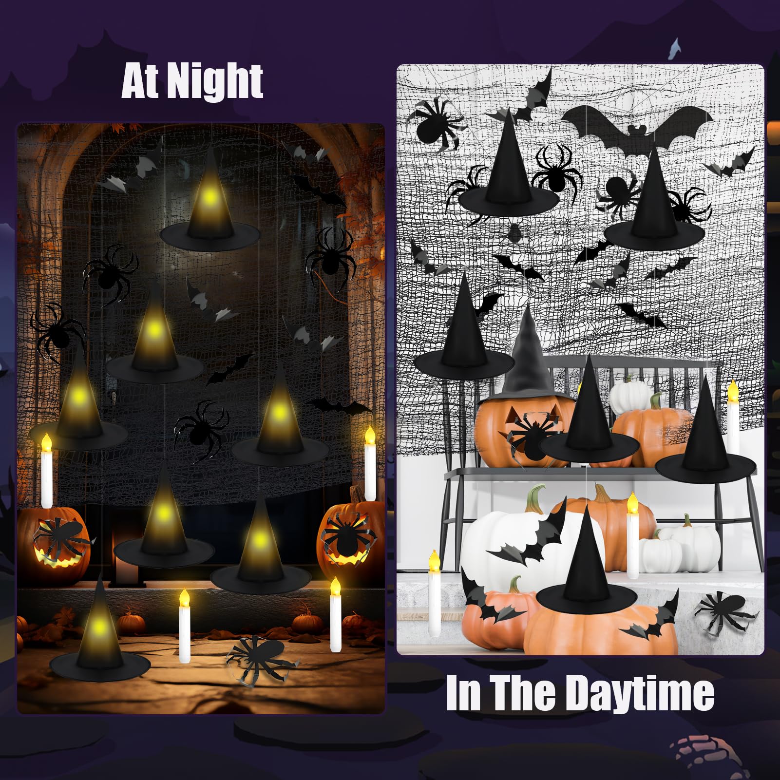 Halloween Hanging Witch Hats with Taper Floating Candles Set Includes 12 Witch Hats 12 Floating Candles with Remote 36 3D Spider Bat Stickers 1 Black Creepy Cloth Halloween Decorations Yard Decor