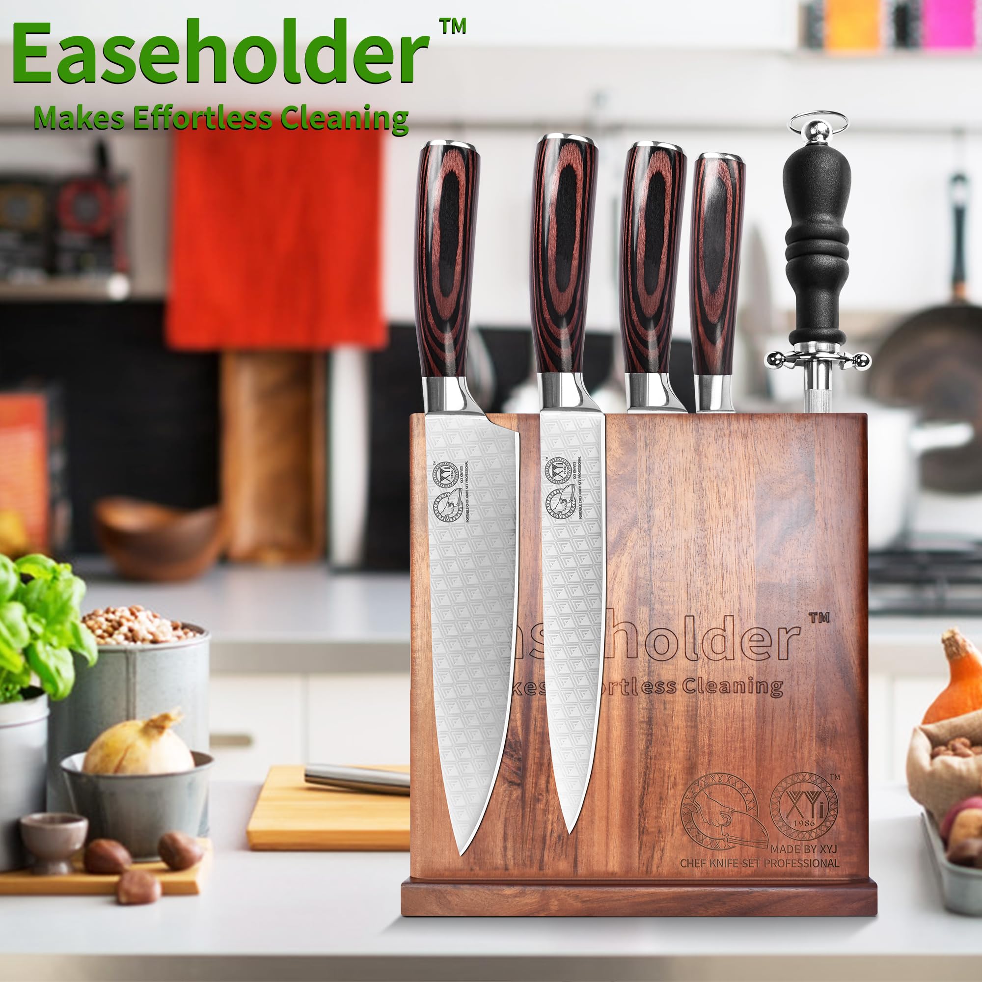 Easeholder Magnetic Knife Block without Knives, Double Side Magnetic Knife Holder Stand, Acacia Wood, Extra Large Capacity Magnet Knife Storage for Knives and Utensils, Kitchen Organizer Rack Tool