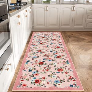 rug runners for hallways, kitchen runner rug non-slip, 2x6 washable runner rug, throw rugs with rubber backing, soft floral rug low pile carpet runner for laundry room and entryway-pink