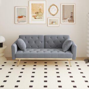 68.3" Grey Velvet Couch, Tufted Loveseat Sofa, Convertible Futon Sofa Bed, Accent Sofa Recliner, Golden Metal Legs, 2 Couch Pillows, Mid Century Modern Sofas for Home Living Room Bedroom