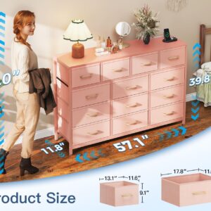 Casaottima Dresser for Bedroom with Charging Station, 57" Long Dresser with 13 Storage Drawers, Large Fabric Dressers Chests of Drawers with Shelves, Pink