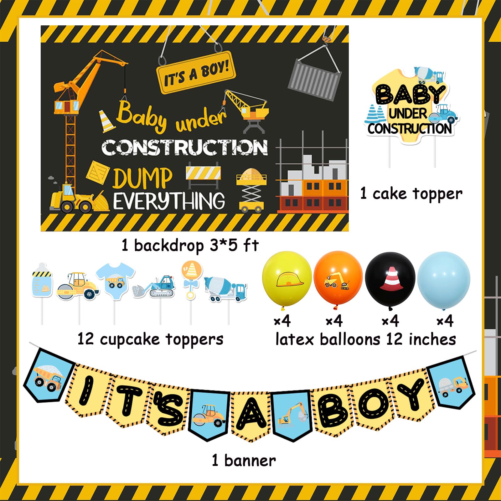 Balterever Construction Baby Shower Decorations for Boys With Construction It’s a Boy Banner Dump Truck Cake Cupcake Toppers Construction Baby Shower Backdrop for Under Construction Theme Party